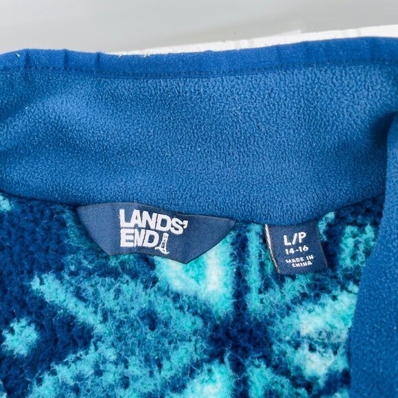 Lands End Womens Fleece Jacket L/P Snowflake Pattern Blue & Teal Full Zip - Picture 2 of 5